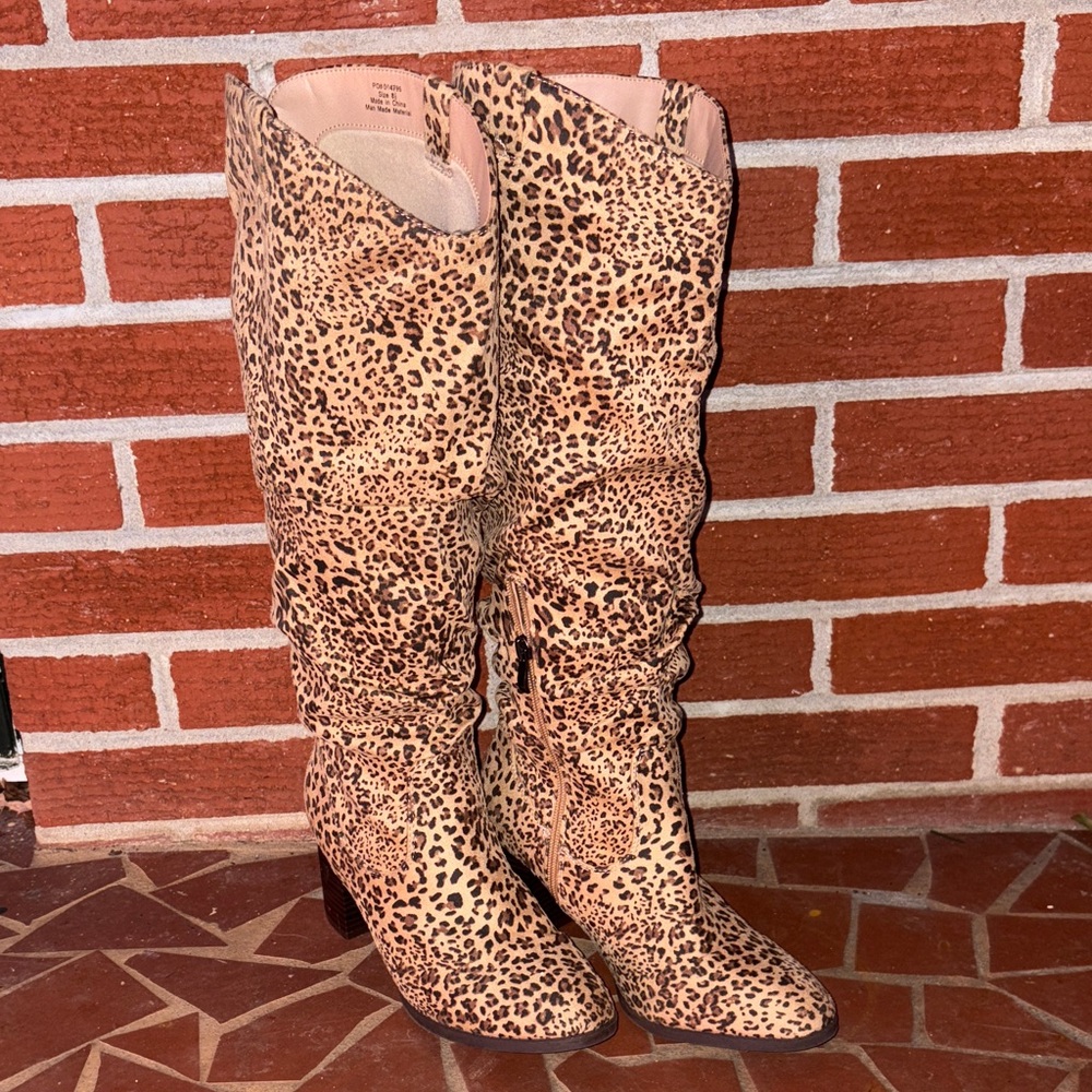 Leopard Print Slouch Knee High Boots Size 8.5 Western Boho Festival - Picture 1 of 8